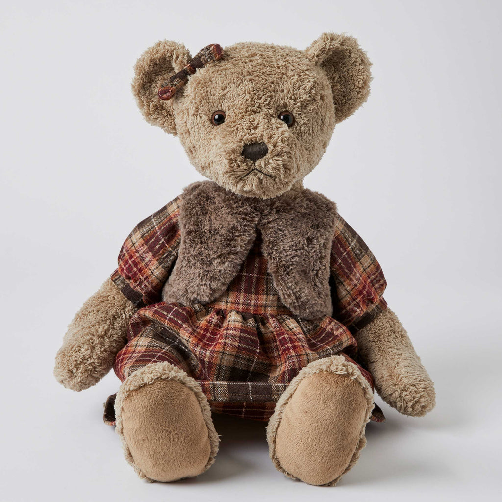 Notting Hill Bear – Rose with fur vest, woven plaid dress and hair bow